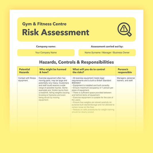 Editable, pre-filled risk assessment template for gyms, fitness centres and health clubs – easy to use for quick health and safety compliance.