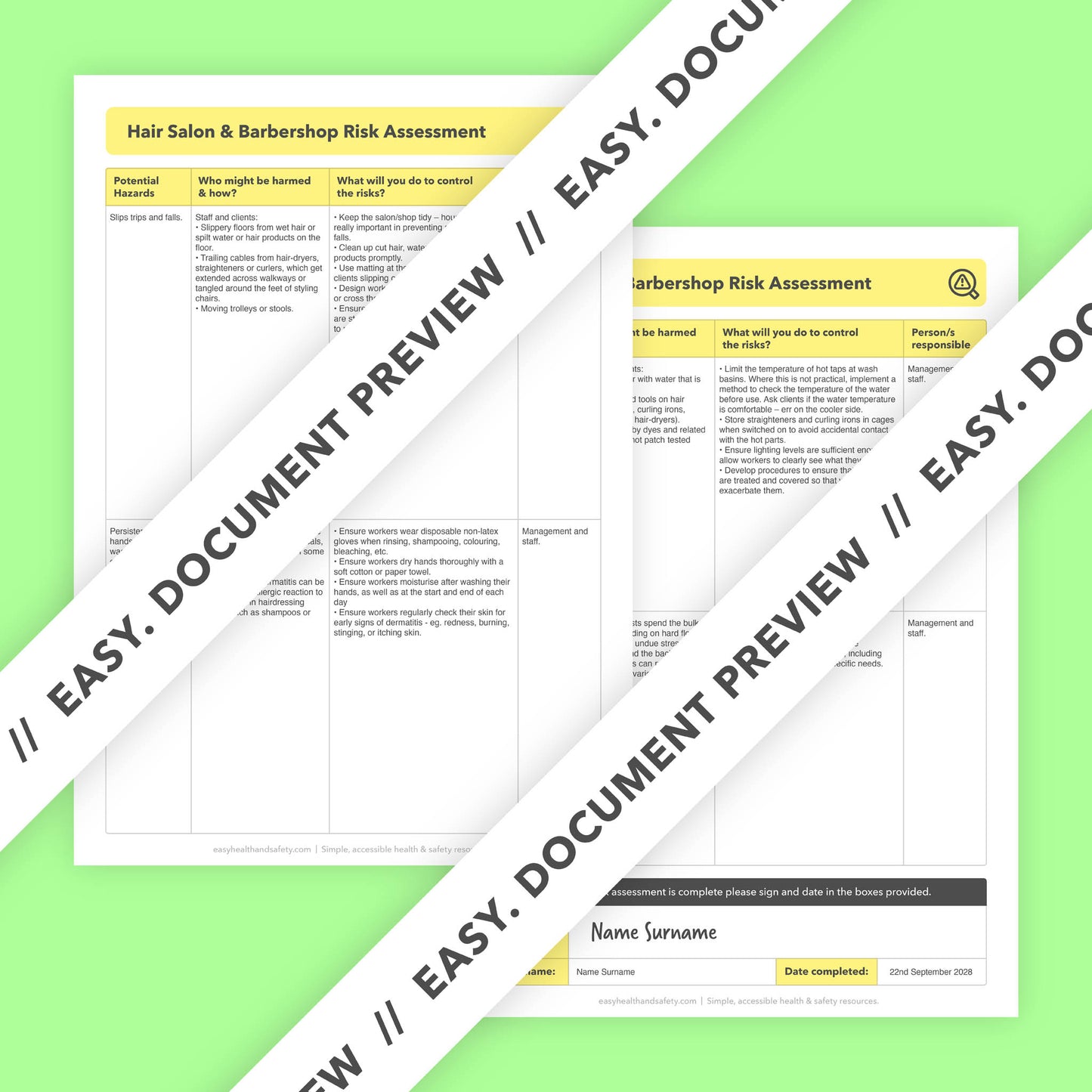 Editable, pre-filled risk assessment template for hair salons, hairdressers, barbers, and barbershops – easy to use for quick health and safety compliance.