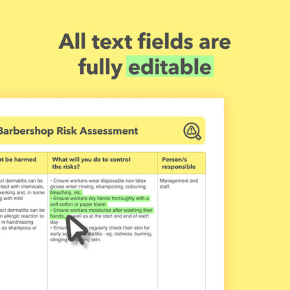 Editable, pre-filled risk assessment template for hair salons, hairdressers, barbers, and barbershops – easy to use for quick health and safety compliance.