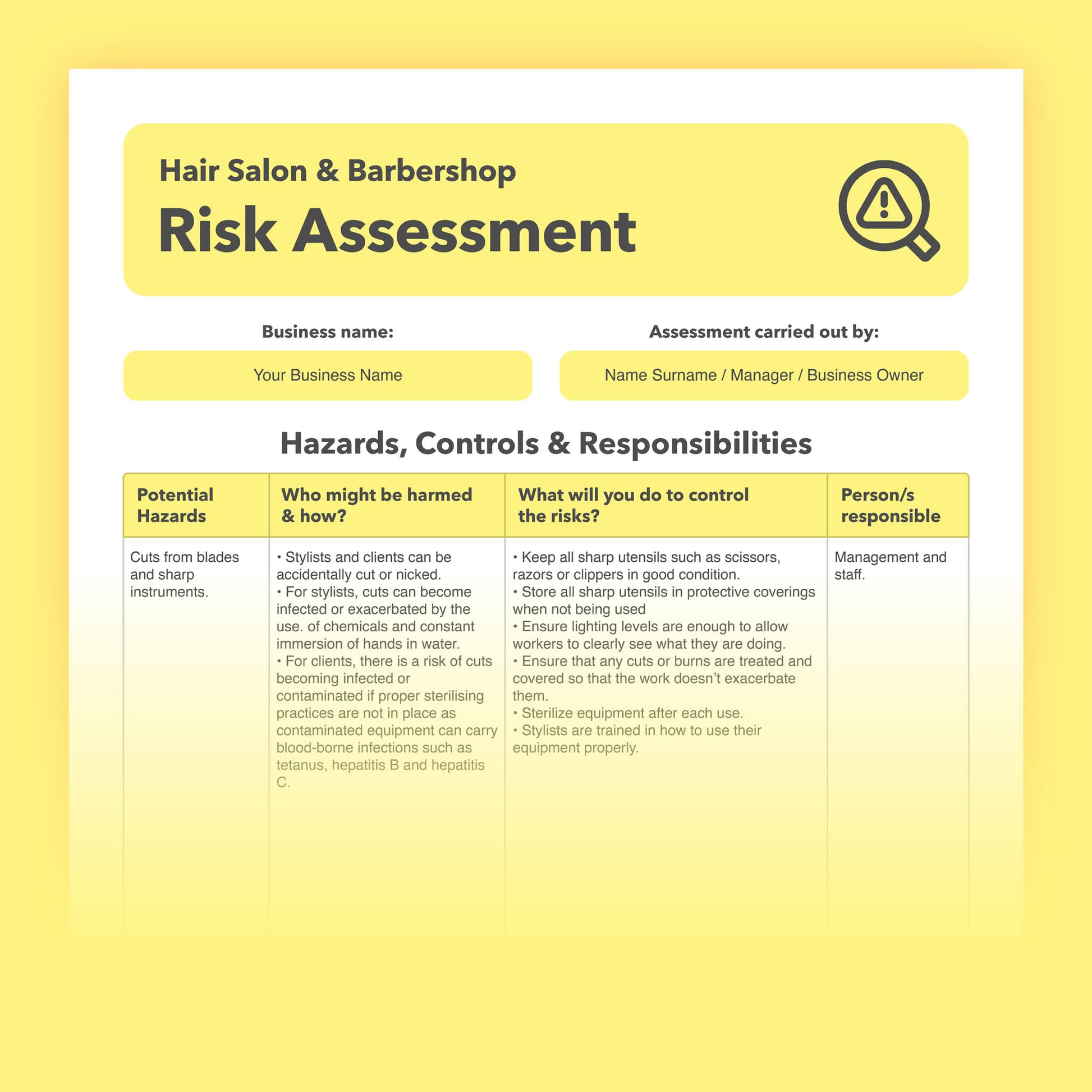 Editable, pre-filled risk assessment template for hair salons, hairdressers, barbers, and barbershops – easy to use for quick health and safety compliance.