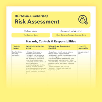 Editable, pre-filled risk assessment template for hair salons, hairdressers, barbers, and barbershops – easy to use for quick health and safety compliance.