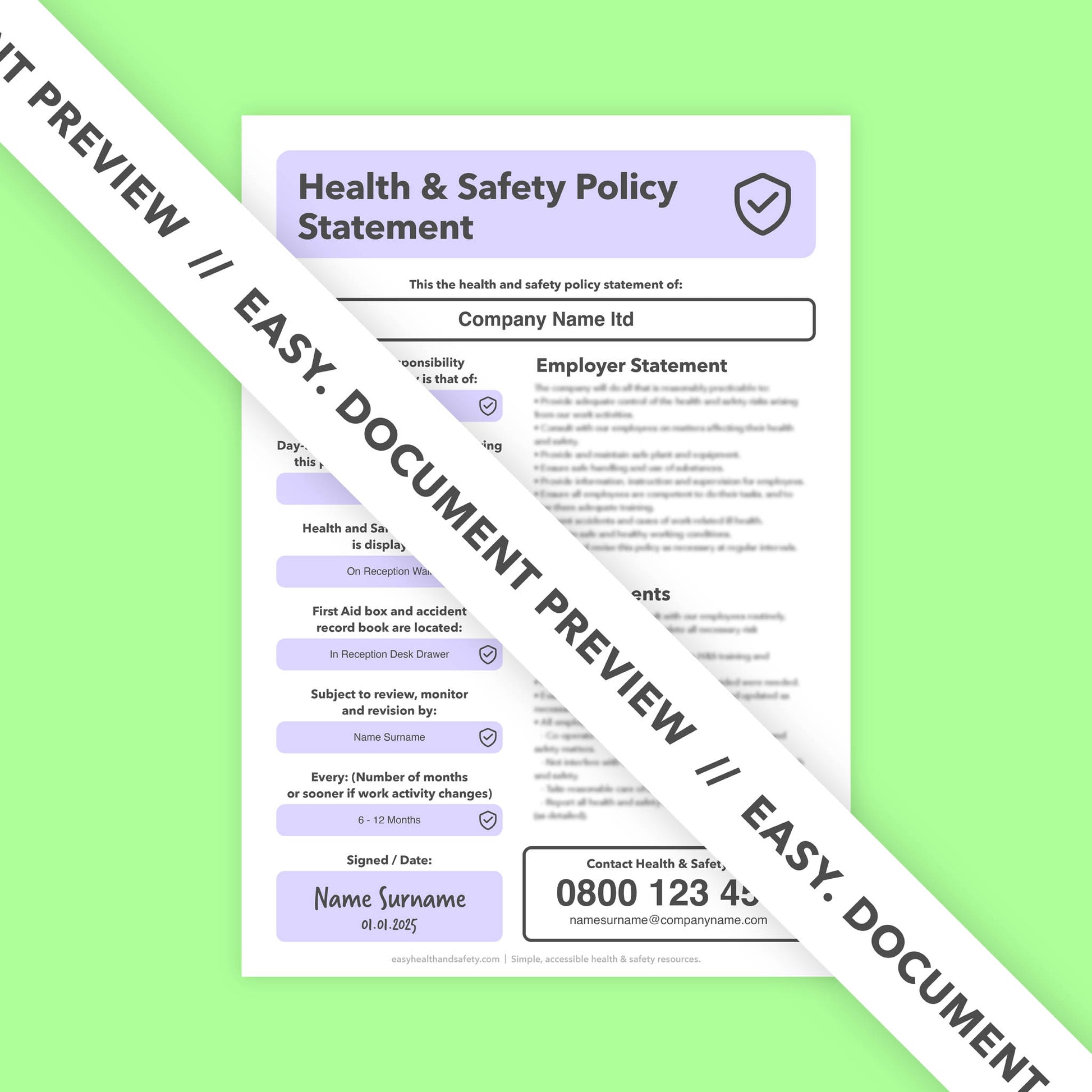 Editable Health and Safety Policy Template for small businesses with pre-written content, simple to download and customise for workplace safety.