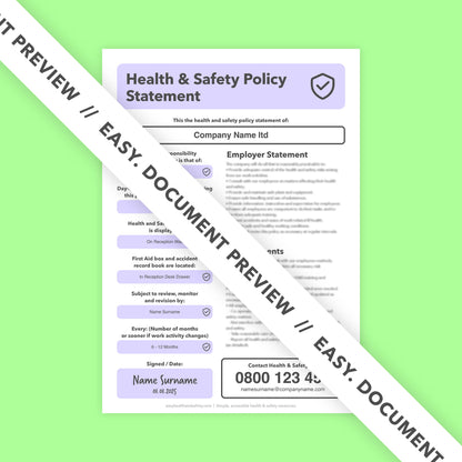 Editable Health and Safety Policy Template for small businesses with pre-written content, simple to download and customise for workplace safety.