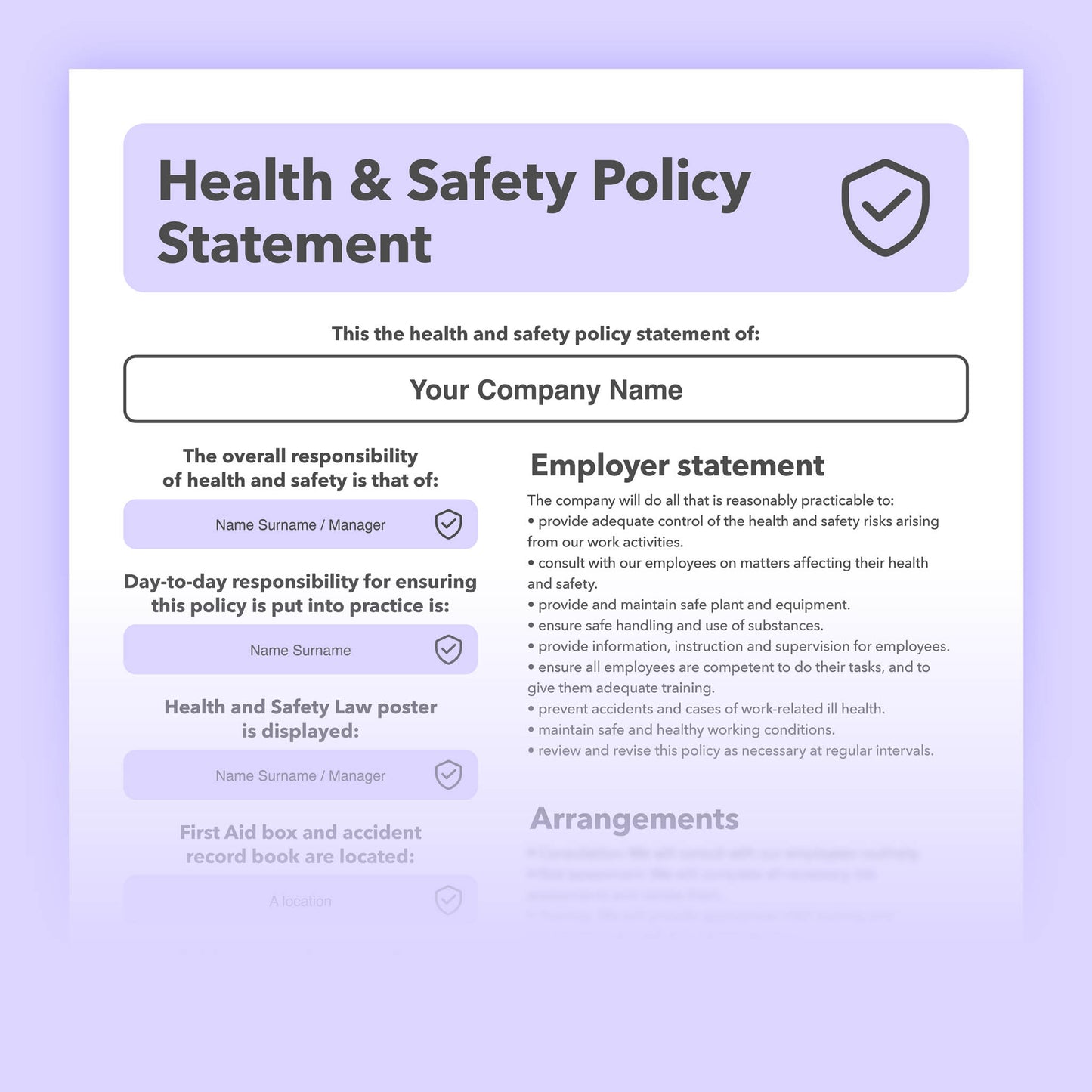 Editable Health and Safety Policy Template for small businesses with pre-written content, simple to download and customise for workplace safety.