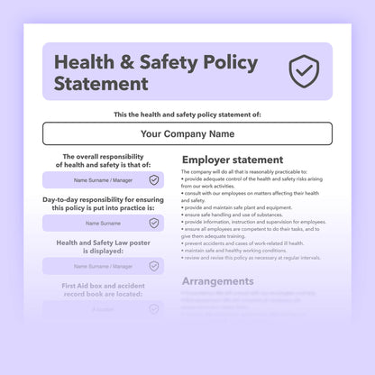 Editable Health and Safety Policy Template for small businesses with pre-written content, simple to download and customise for workplace safety.