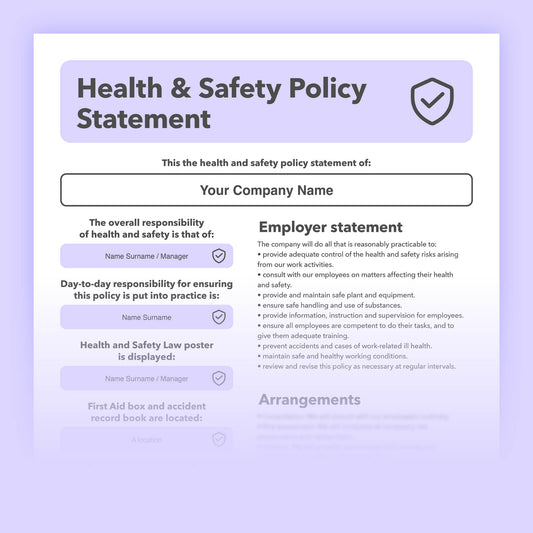 Editable Health and Safety Policy Template for small businesses with pre-written content, simple to download and customise for workplace safety.
