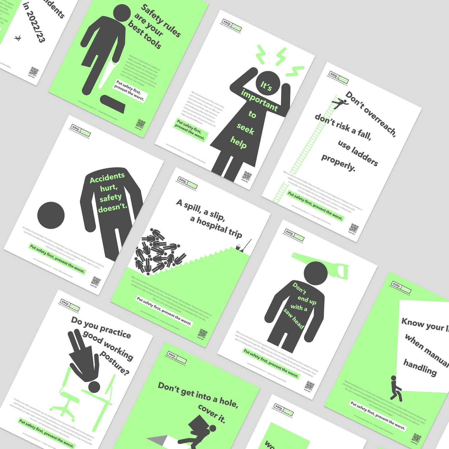 Health and safety poster campaign pack with human characters for the promotion of health and safety culture in the workplace. A4 printed posters.