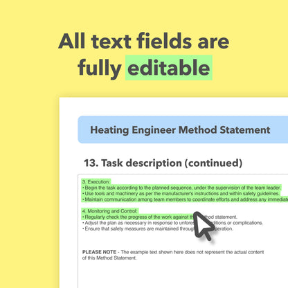 RAMS template for heating engineers and heating installation, repair and maintenance works, including pre-filled risk assessment and method statement templates for clear, compliant health and safety documentation.