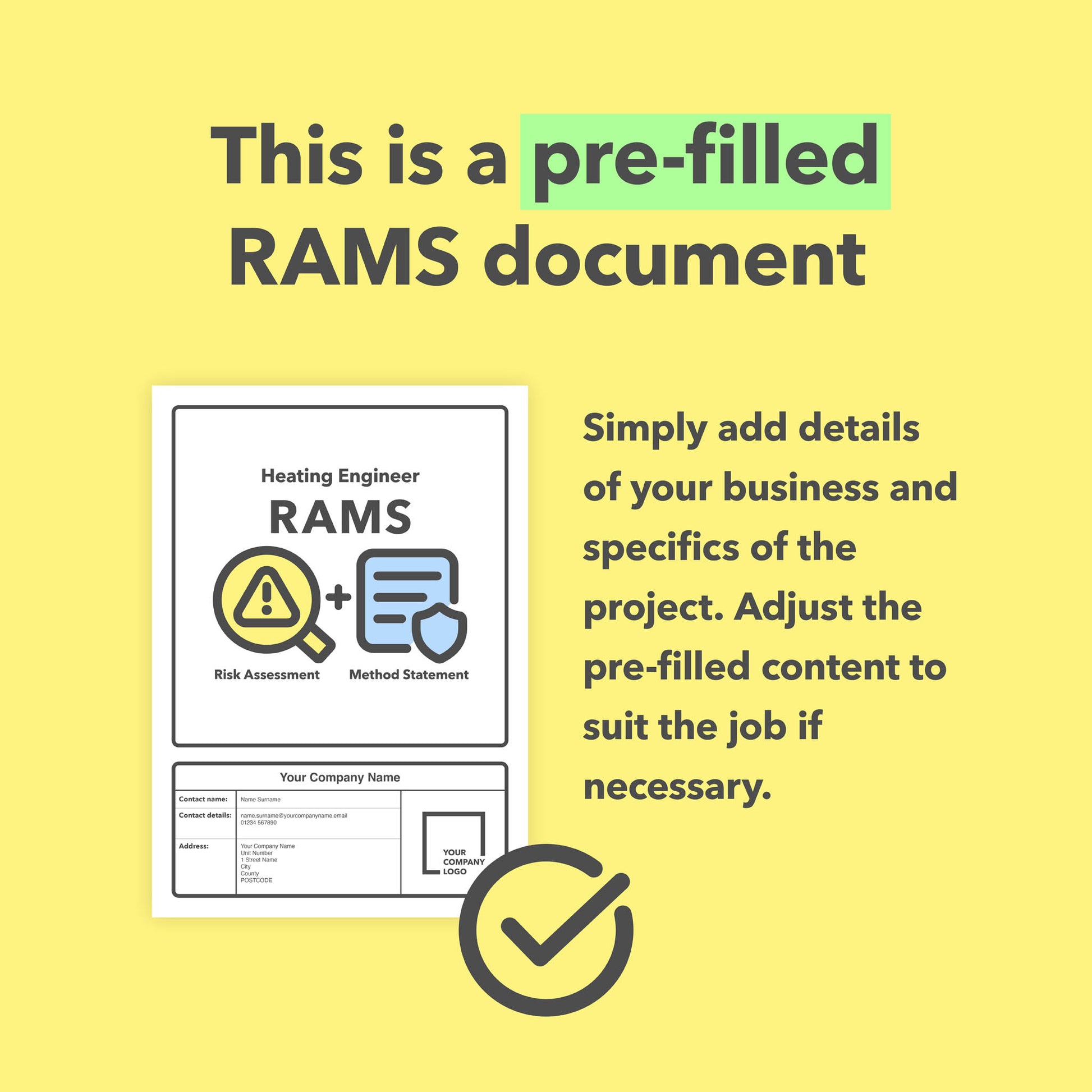 RAMS template for heating engineers and heating installation, repair and maintenance works, including pre-filled risk assessment and method statement templates for clear, compliant health and safety documentation.