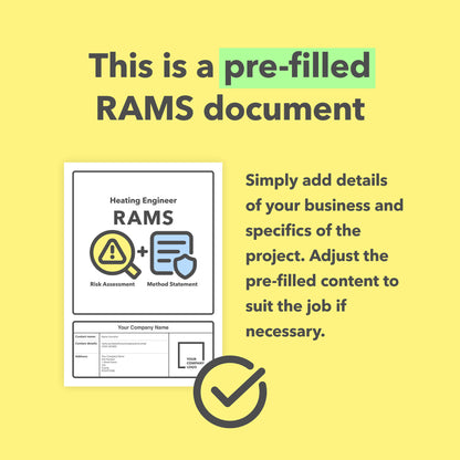 RAMS template for heating engineers and heating installation, repair and maintenance works, including pre-filled risk assessment and method statement templates for clear, compliant health and safety documentation.