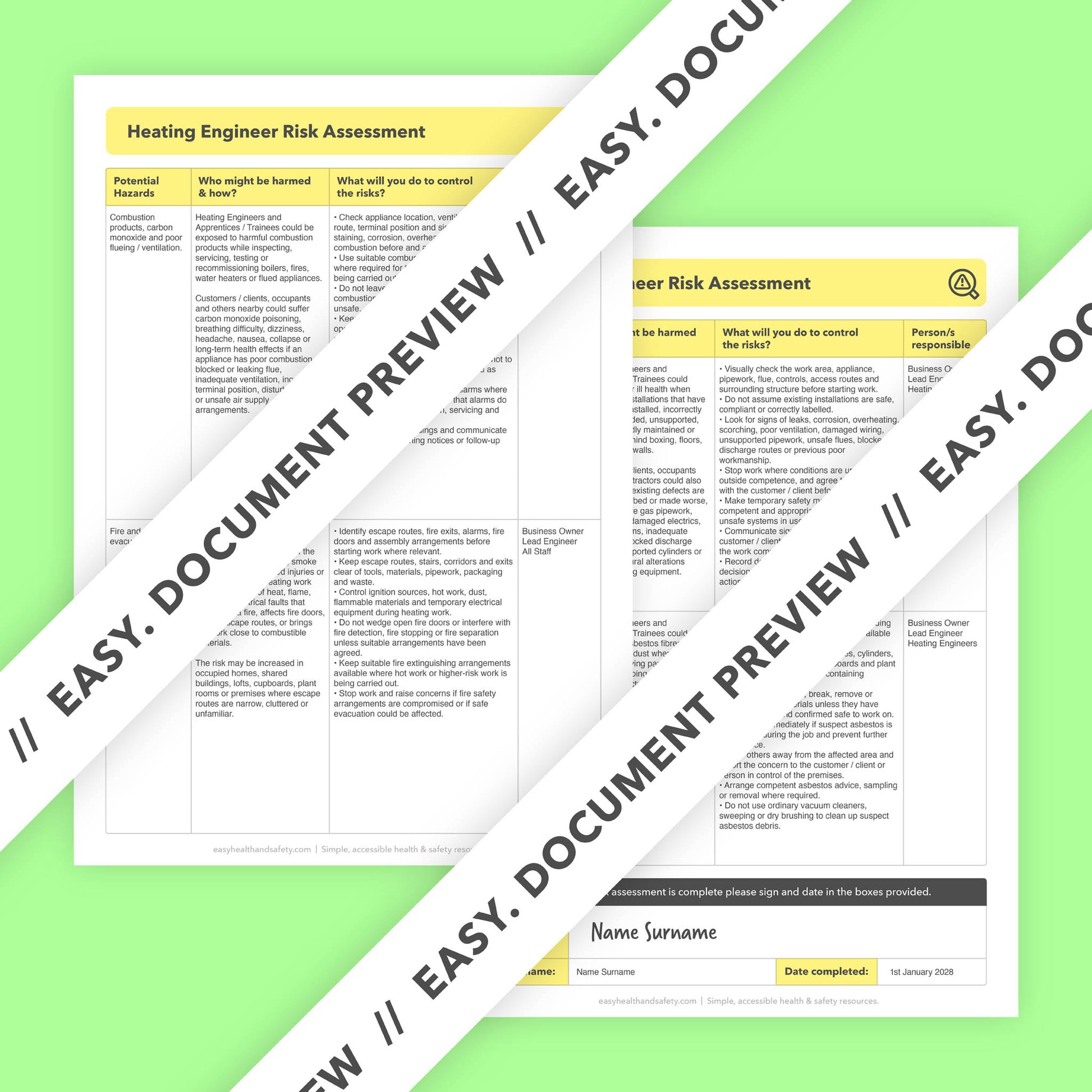 Editable, pre-filled risk assessment template for heating engineers, boiler work, central heating system projects and heating businesses, easy to use for quick health and safety compliance.