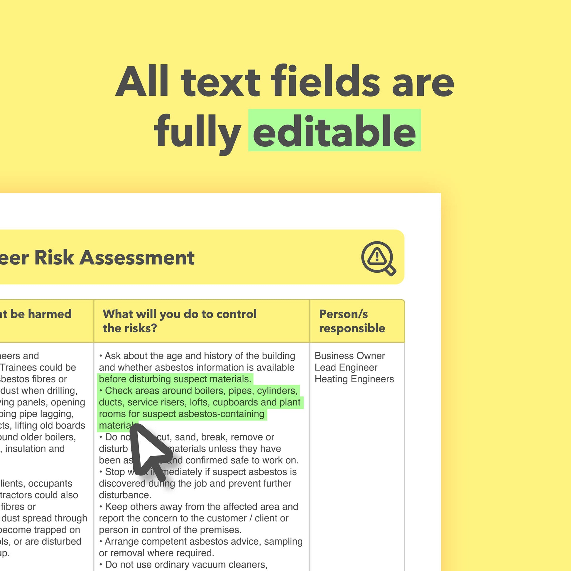 Editable, pre-filled risk assessment template for heating engineers, boiler work, central heating system projects and heating businesses, easy to use for quick health and safety compliance.
