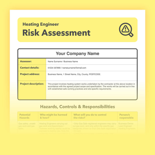Editable, pre-filled risk assessment template for heating engineers, boiler work, central heating system projects and heating businesses, easy to use for quick health and safety compliance.