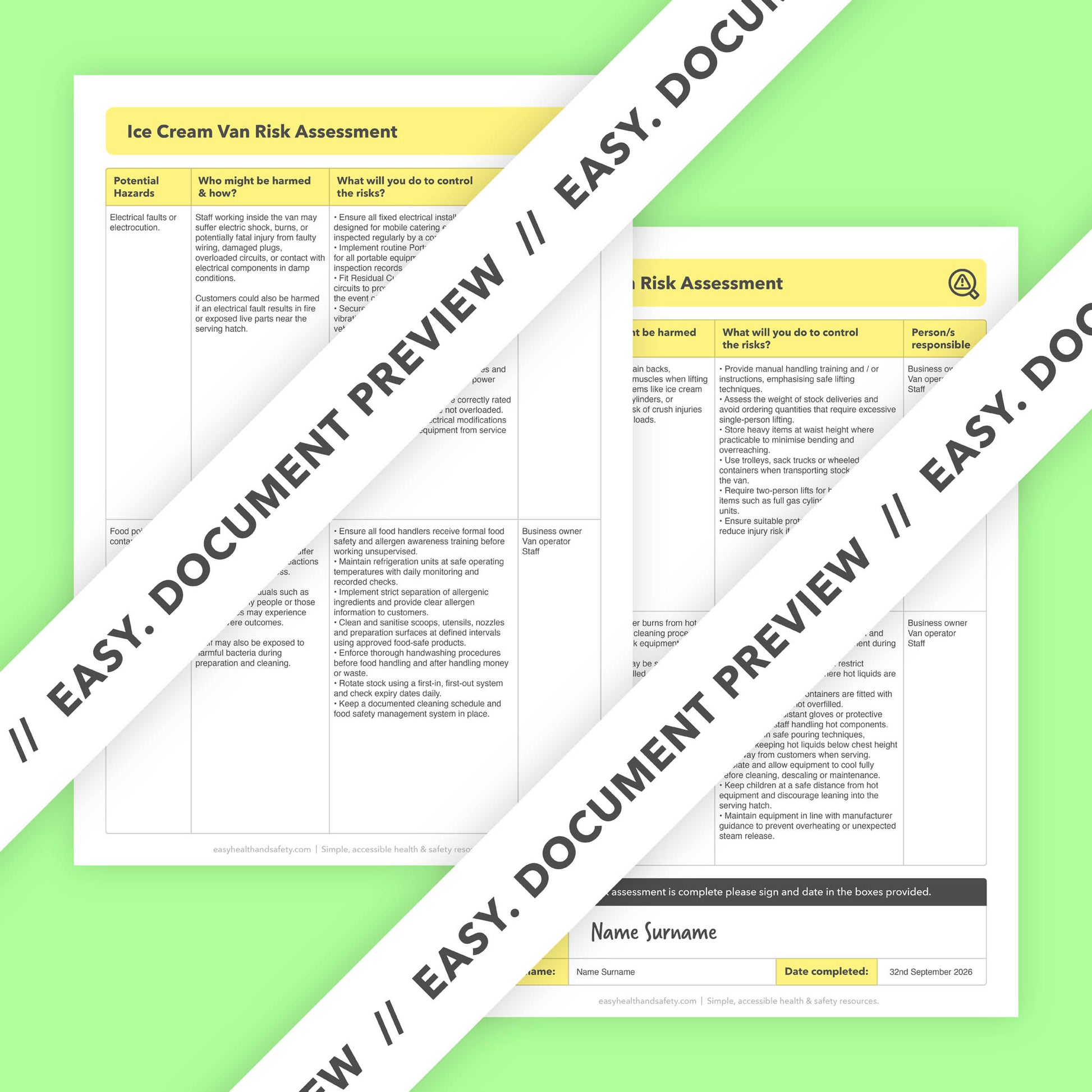 Editable, pre-filled risk assessment template for ice cream vans and mobile ice cream businesses – easy to use for quick health and safety compliance.