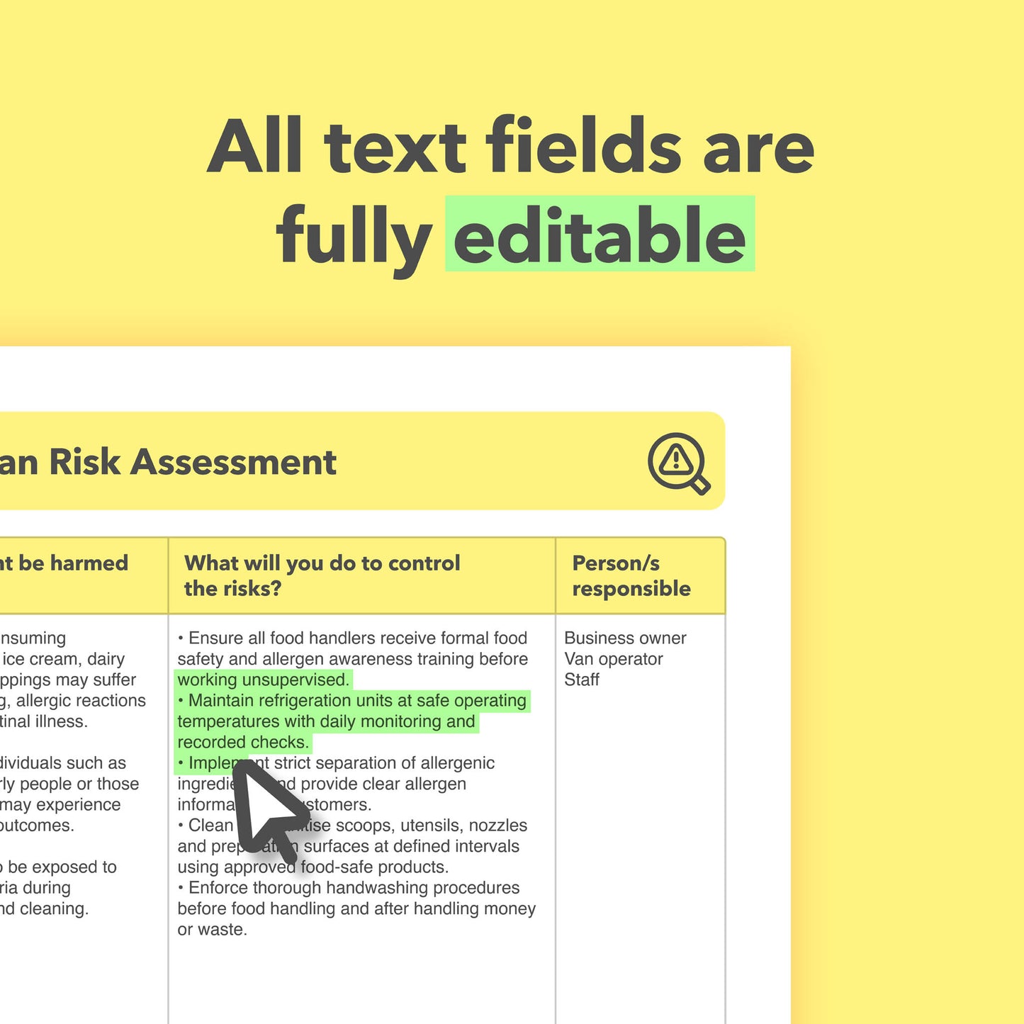 Editable, pre-filled risk assessment template for ice cream vans and mobile ice cream businesses – easy to use for quick health and safety compliance.