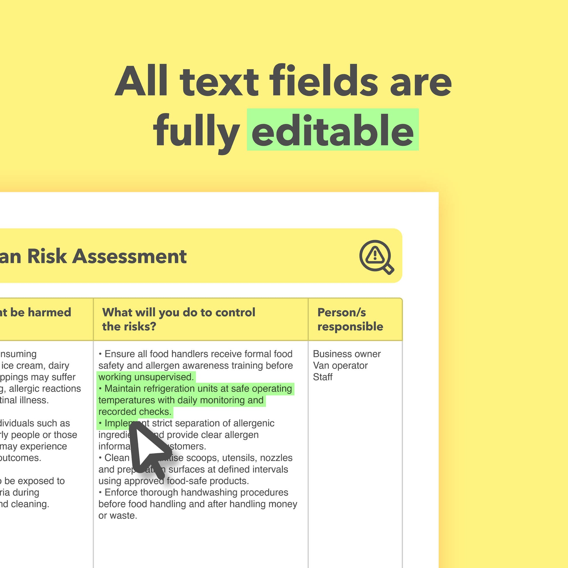 Editable, pre-filled risk assessment template for ice cream vans and mobile ice cream businesses – easy to use for quick health and safety compliance.