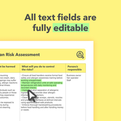 Editable, pre-filled risk assessment template for ice cream vans and mobile ice cream businesses – easy to use for quick health and safety compliance.