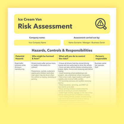 Editable, pre-filled risk assessment template for ice cream vans and mobile ice cream businesses – easy to use for quick health and safety compliance.