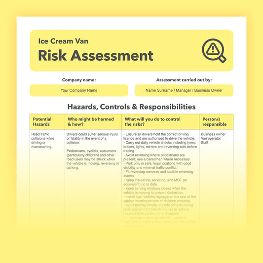 Editable, pre-filled risk assessment template for ice cream vans and mobile ice cream businesses – easy to use for quick health and safety compliance.