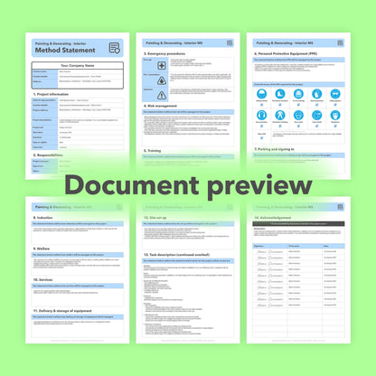 Editable, pre-filled interior painting and decorating method statement template for painters and decorators. Easy to customise for safe, professional site documentation.