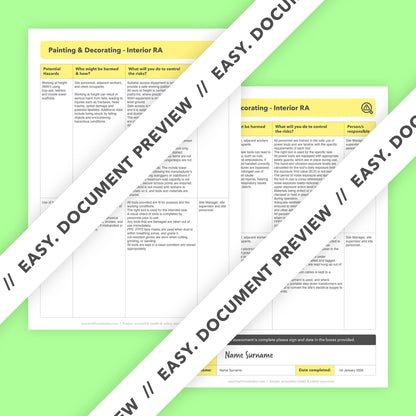 Editable, pre-filled risk assessment template for painters and decorators completing interior painting and decorating work – easy to use for quick health and safety compliance.