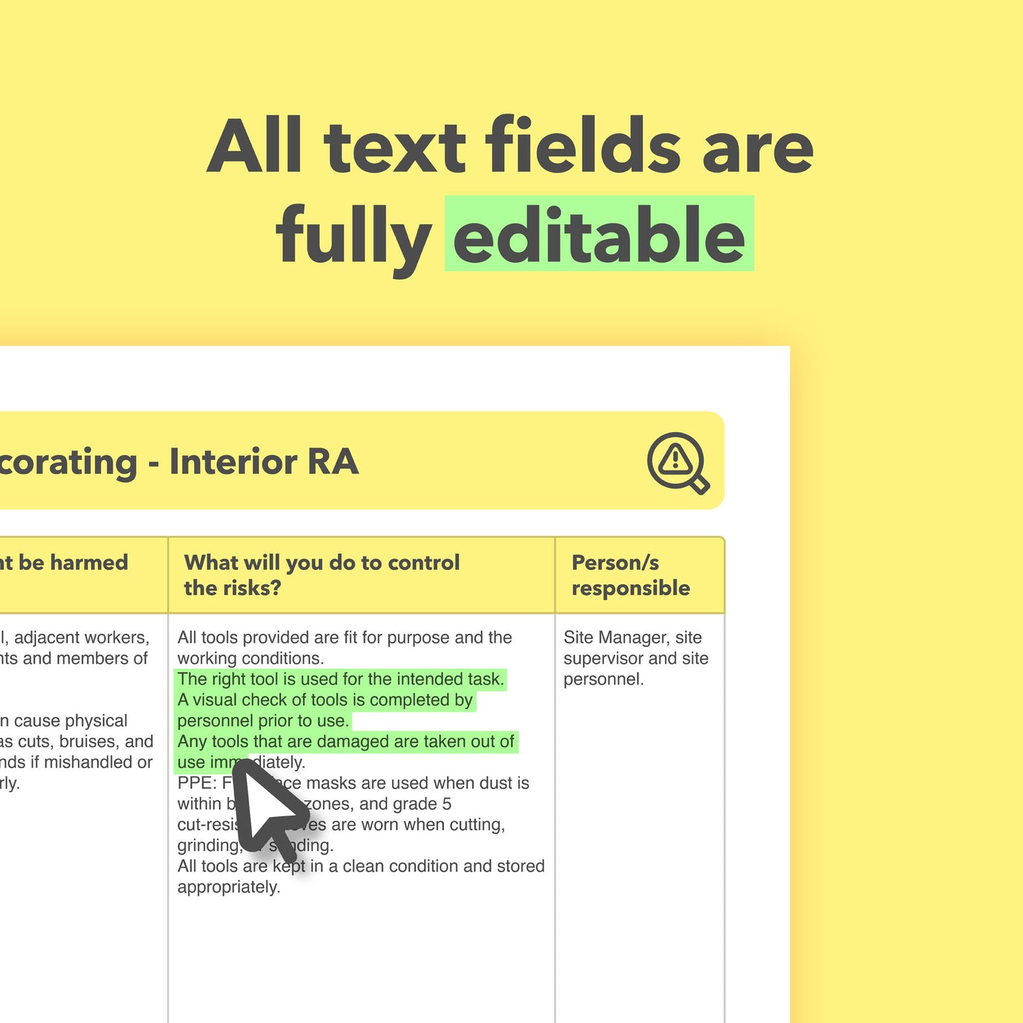 Editable, pre-filled risk assessment template for painters and decorators completing interior painting and decorating work – easy to use for quick health and safety compliance.
