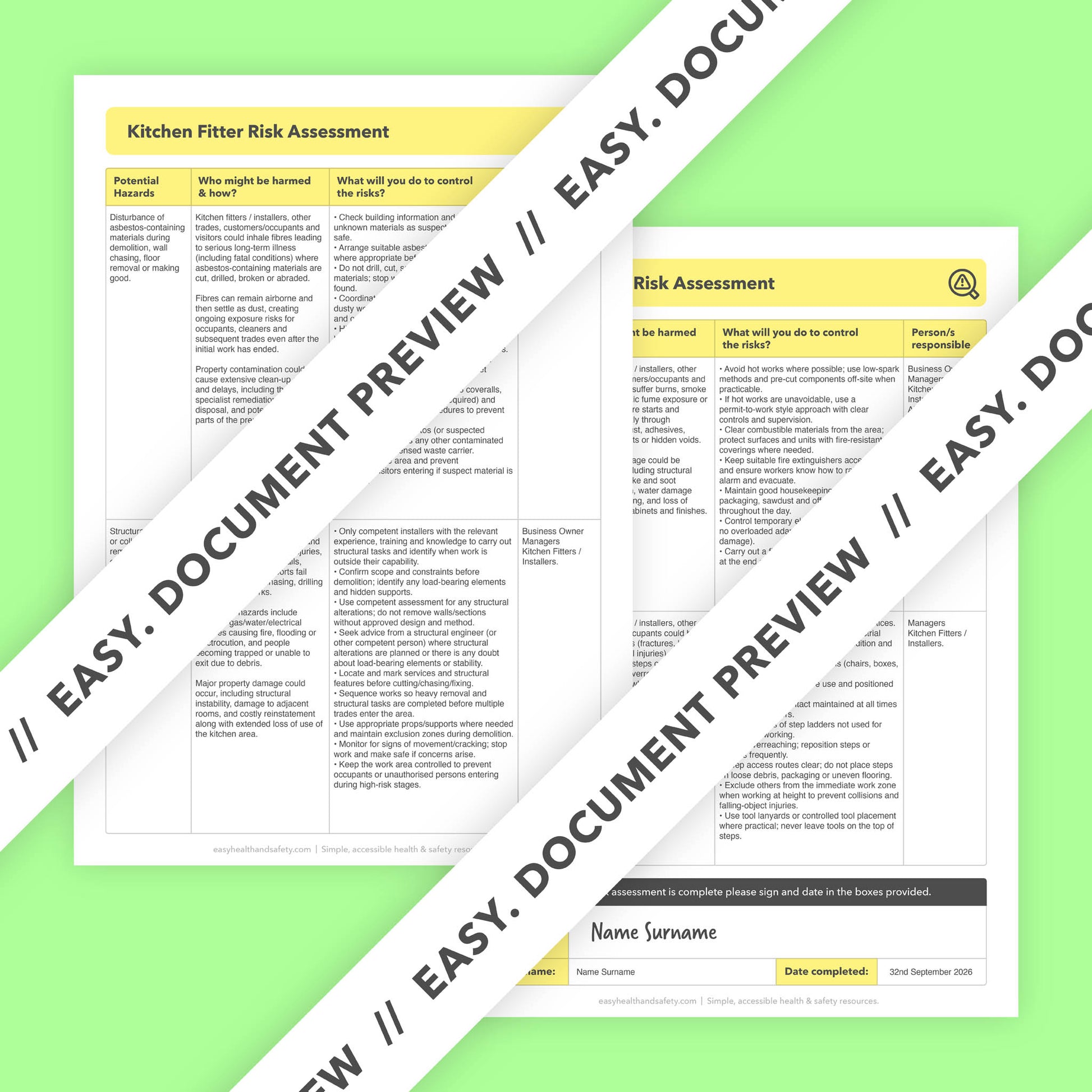 Editable, pre-filled risk assessment template for kitchen fitters, kitchen installers, and fitted kitchen installation businesses – easy to use and compliant with health and safety regulations.