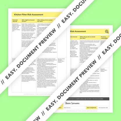 Editable, pre-filled risk assessment template for kitchen fitters, kitchen installers, and fitted kitchen installation businesses – easy to use and compliant with health and safety regulations.