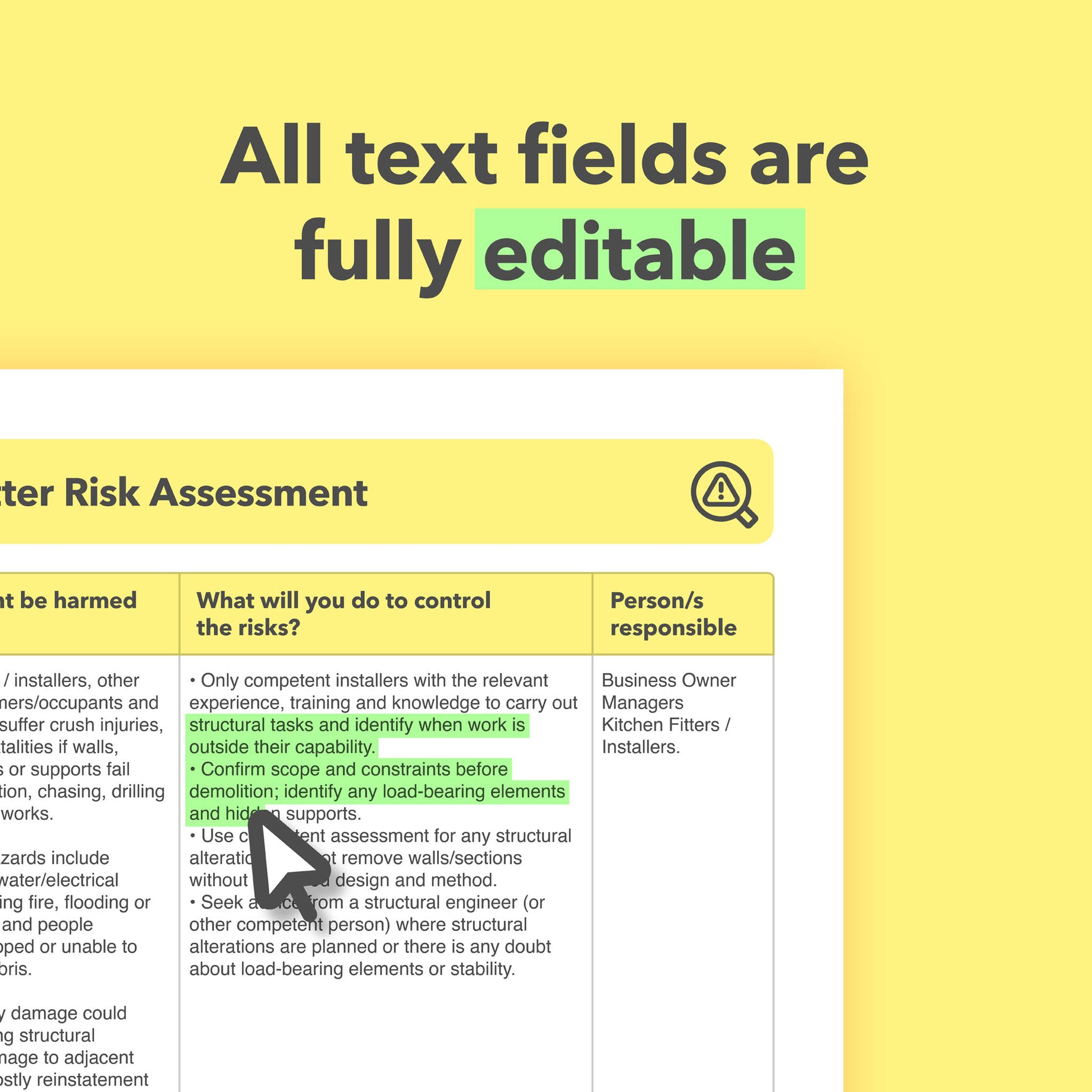Editable, pre-filled risk assessment template for kitchen fitters, kitchen installers, and fitted kitchen installation businesses – easy to use and compliant with health and safety regulations.