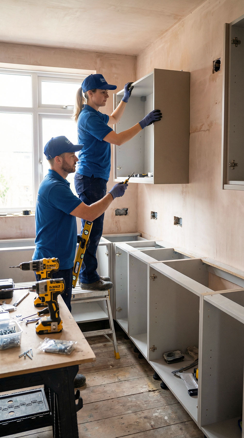 Kitchen fitters installing fitted kitchen wall units using a step ladder, levelling cabinets and fixing units during a kitchen installation project.