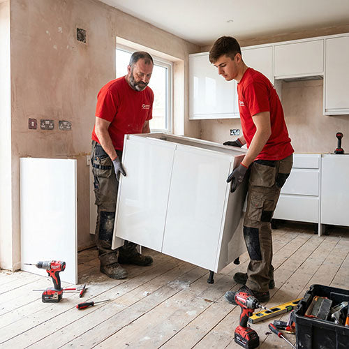 Kitchen fitters lifting and positioning a heavy kitchen unit during a kitchen installation, demonstrating manual handling controls and safe team lifting.