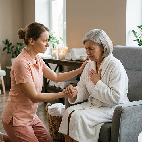 Massage therapist supporting an unwell client during a medical emergency, highlighting client screening and health and safety risks in massage therapy businesses.