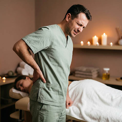 Massage therapist experiencing lower back pain during a massage treatment, highlighting musculoskeletal strain risks in massage therapy businesses.