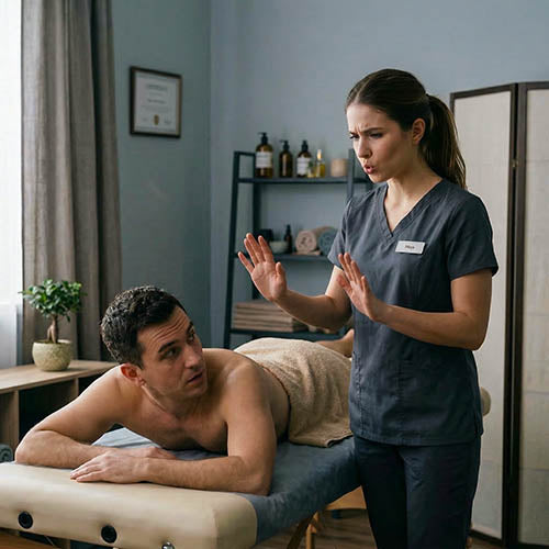 Massage therapist setting boundaries and refusing a client behaving inappropriately in a treatment room, highlighting lone working and personal safety risks in massage therapy businesses.
