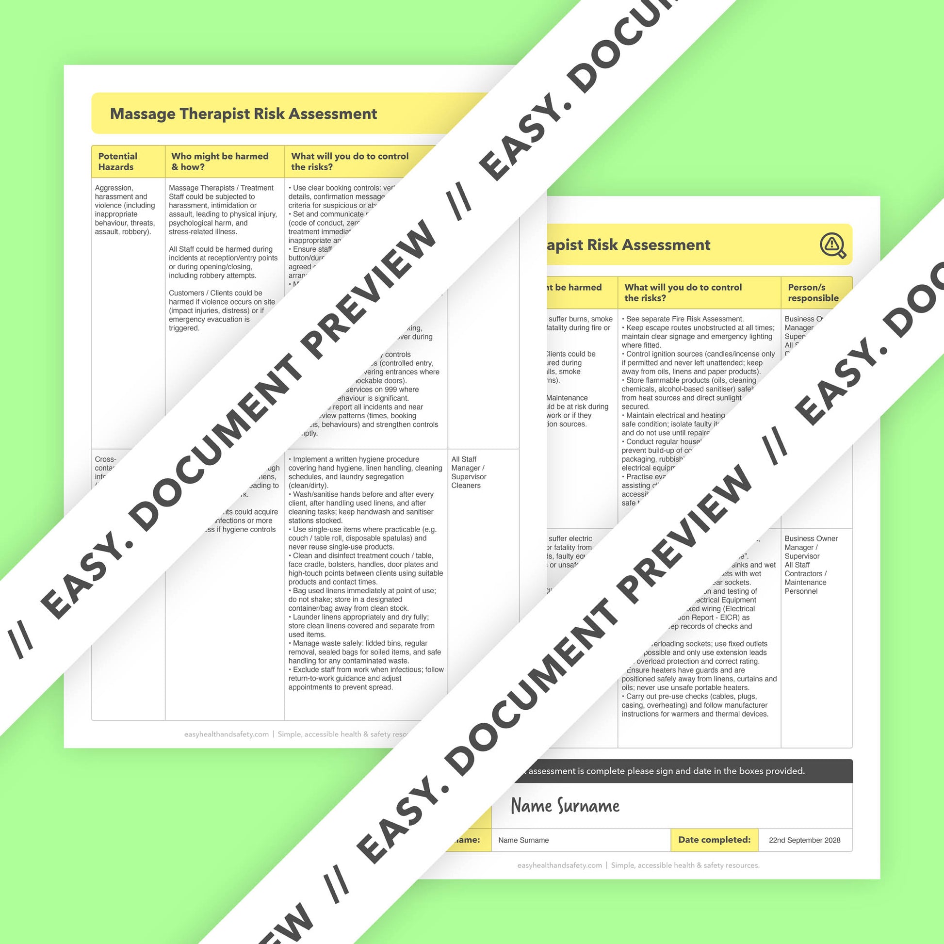 Editable, pre-filled risk assessment template for massage therapists, massage therapy clinics, massage studios, and treatment rooms – easy to use for quick health and safety compliance.