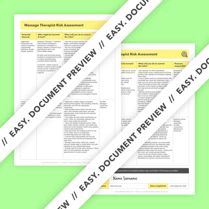 Editable, pre-filled risk assessment template for massage therapists, massage therapy clinics, massage studios, and treatment rooms – easy to use for quick health and safety compliance.