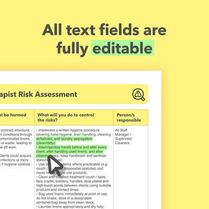 Editable, pre-filled risk assessment template for massage therapists, massage therapy clinics, massage studios, and treatment rooms – easy to use for quick health and safety compliance.