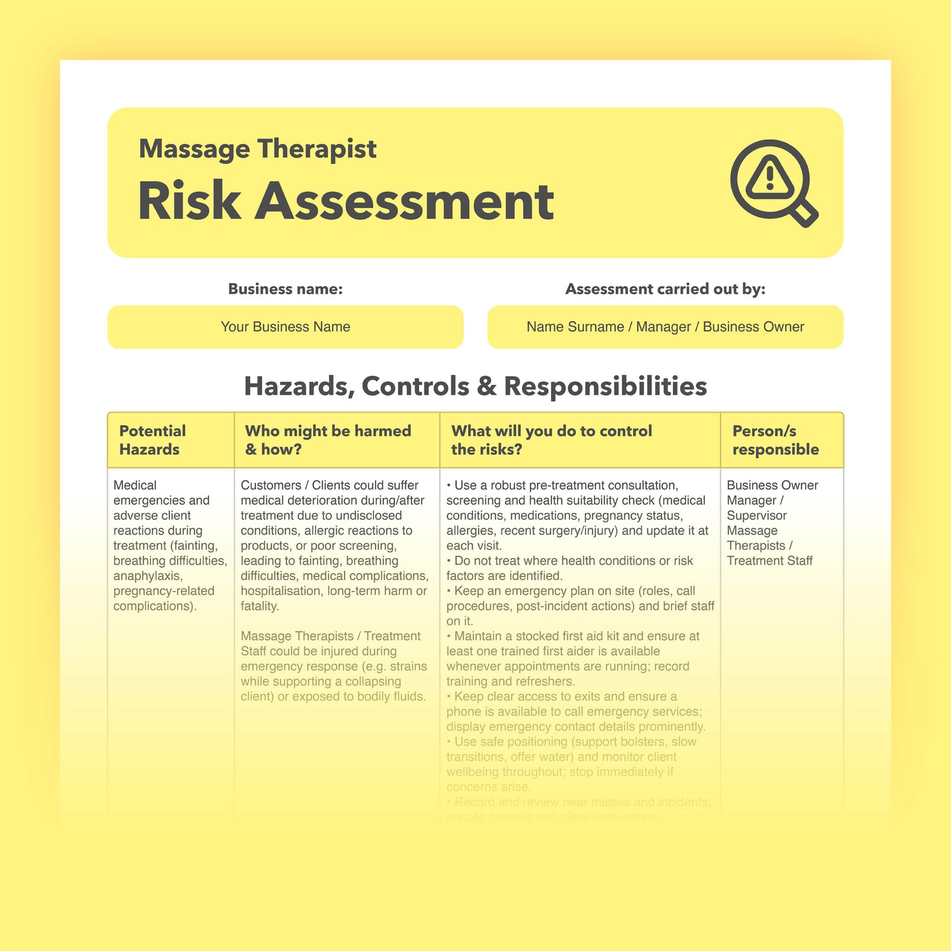 Editable, pre-filled risk assessment template for massage therapists, massage therapy clinics, massage studios, and treatment rooms – easy to use for quick health and safety compliance.