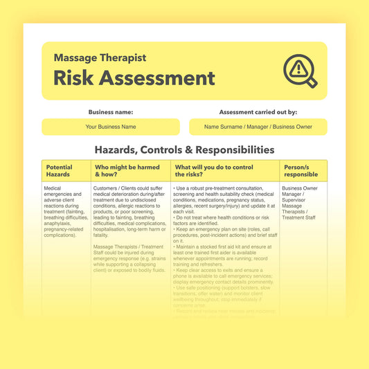 Editable, pre-filled risk assessment template for massage therapists, massage therapy clinics, massage studios, and treatment rooms – easy to use for quick health and safety compliance.