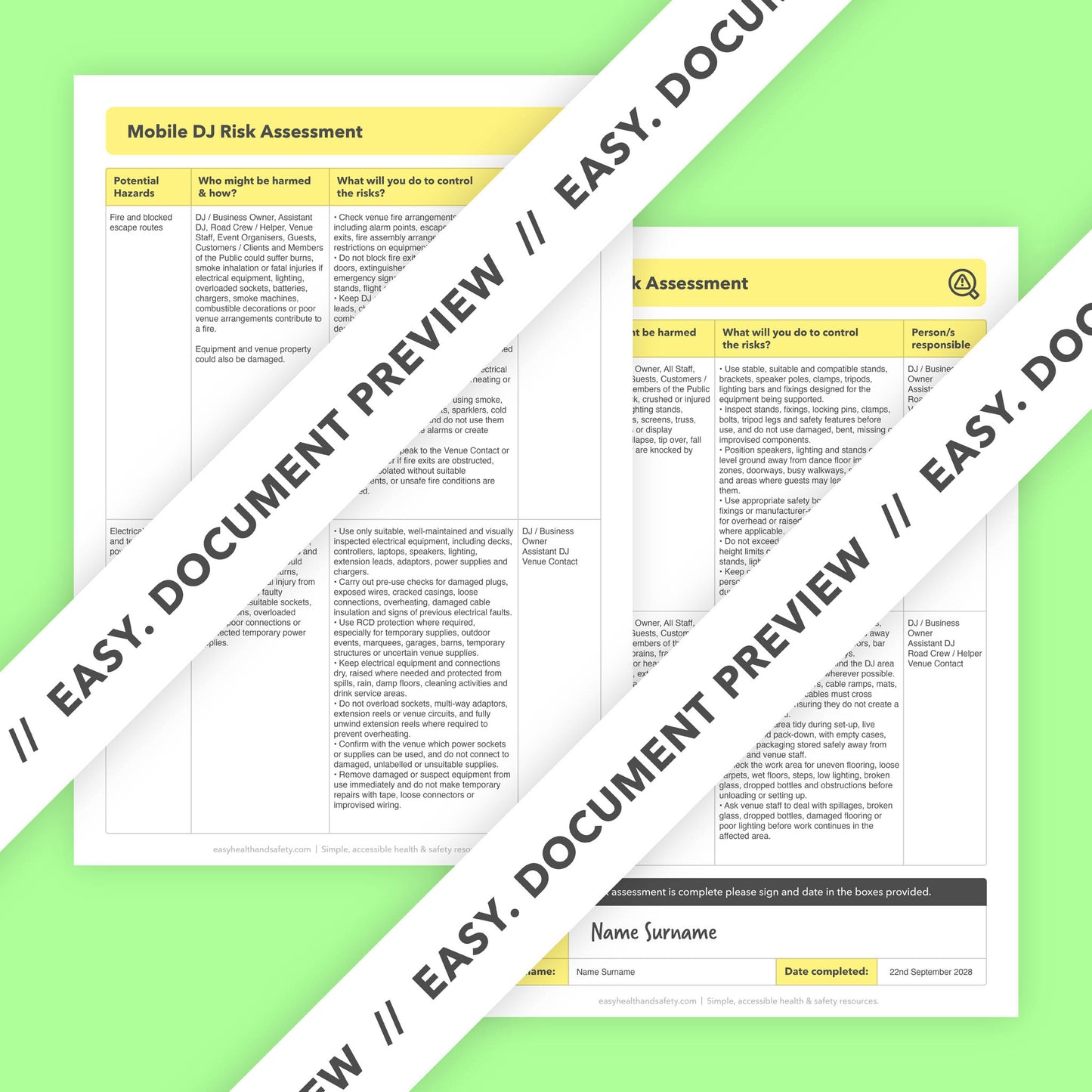 Editable, pre-filled risk assessment template for mobile DJs, wedding DJs, corporate event DJs and small DJ businesses, easy to customise for quick health and safety compliance.