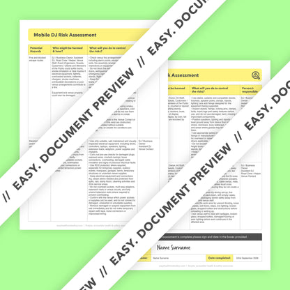 Editable, pre-filled risk assessment template for mobile DJs, wedding DJs, corporate event DJs and small DJ businesses, easy to customise for quick health and safety compliance.