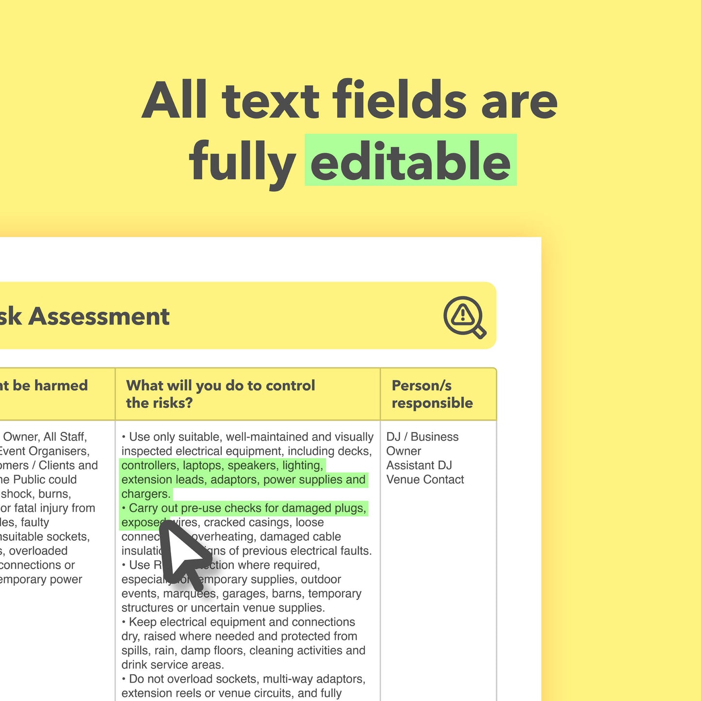 Editable, pre-filled risk assessment template for mobile DJs, wedding DJs, corporate event DJs and small DJ businesses, easy to customise for quick health and safety compliance.