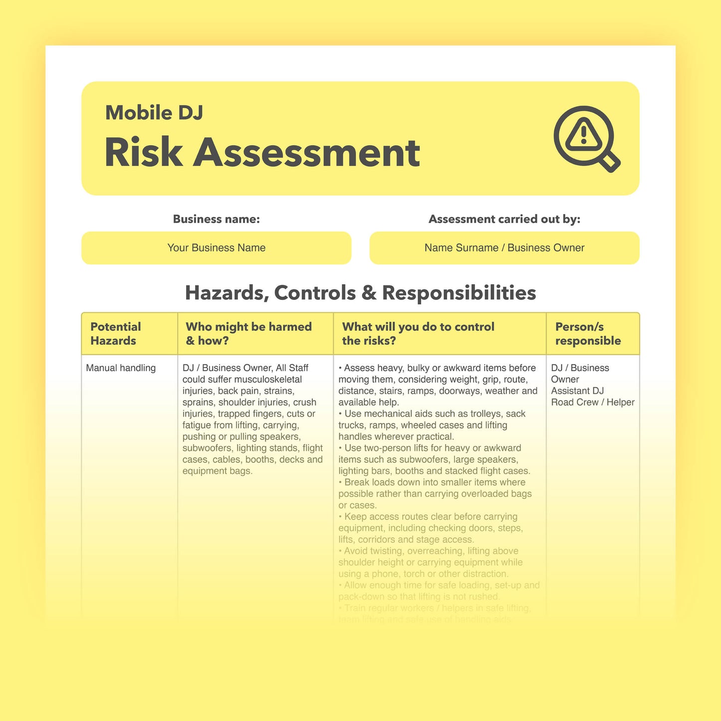 Editable, pre-filled risk assessment template for mobile DJs, wedding DJs, corporate event DJs and small DJ businesses, easy to customise for quick health and safety compliance.