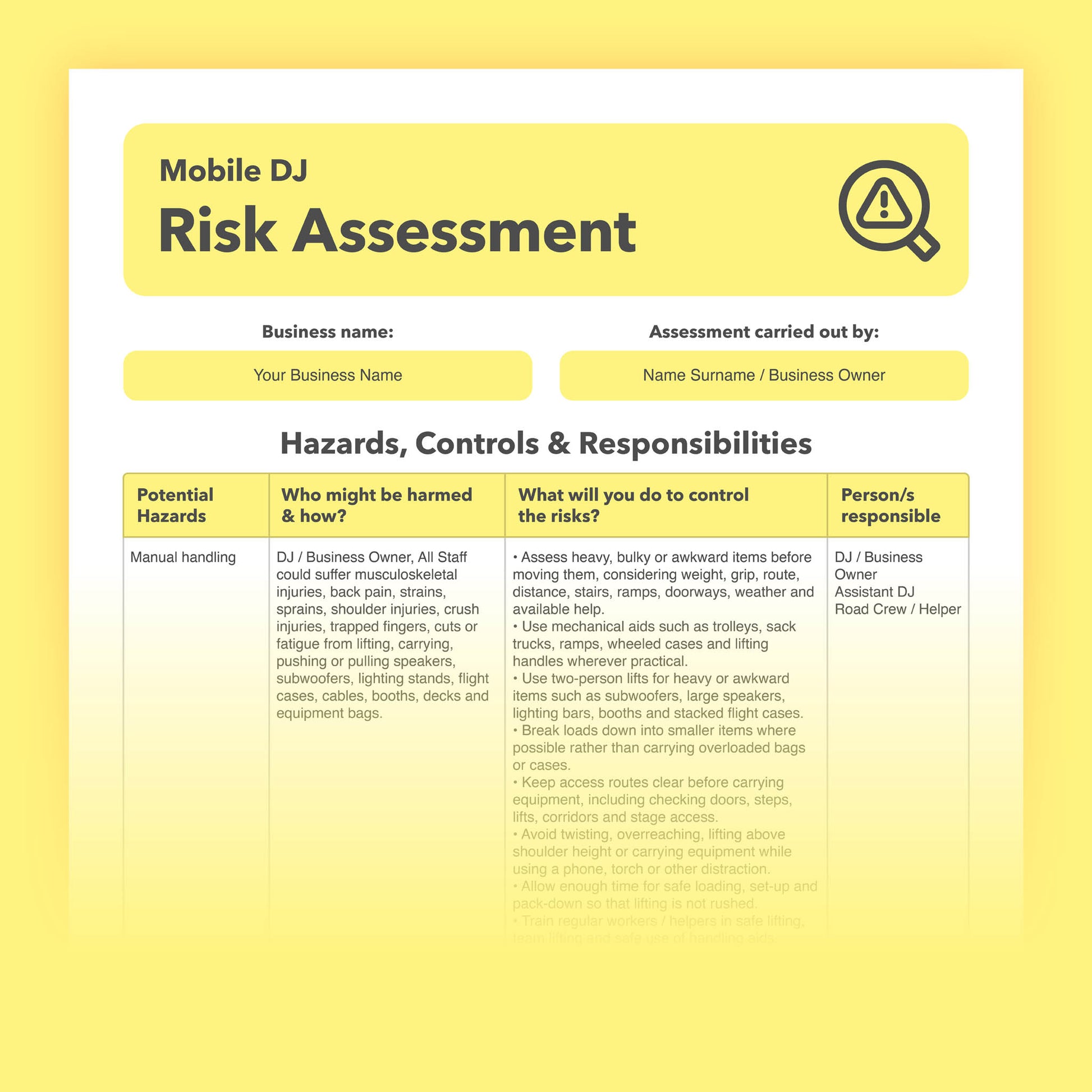 Editable, pre-filled risk assessment template for mobile DJs, wedding DJs, corporate event DJs and small DJ businesses, easy to customise for quick health and safety compliance.