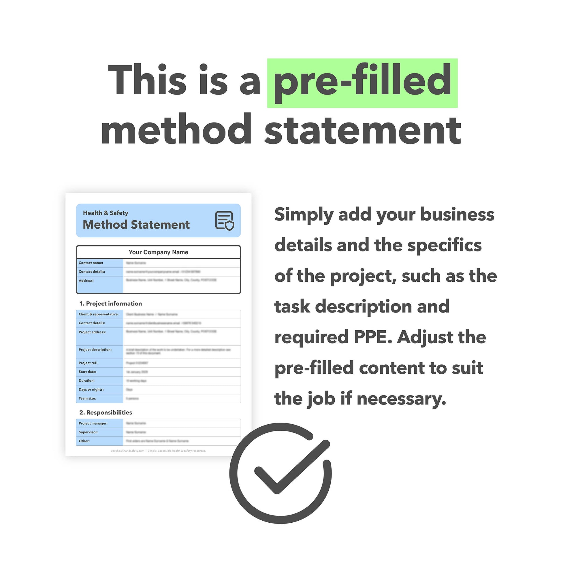Multi-purpose, editable method statement template for building and construction works, pre-filled and easy to customise for fit-out, installation, strip-out and minor works.