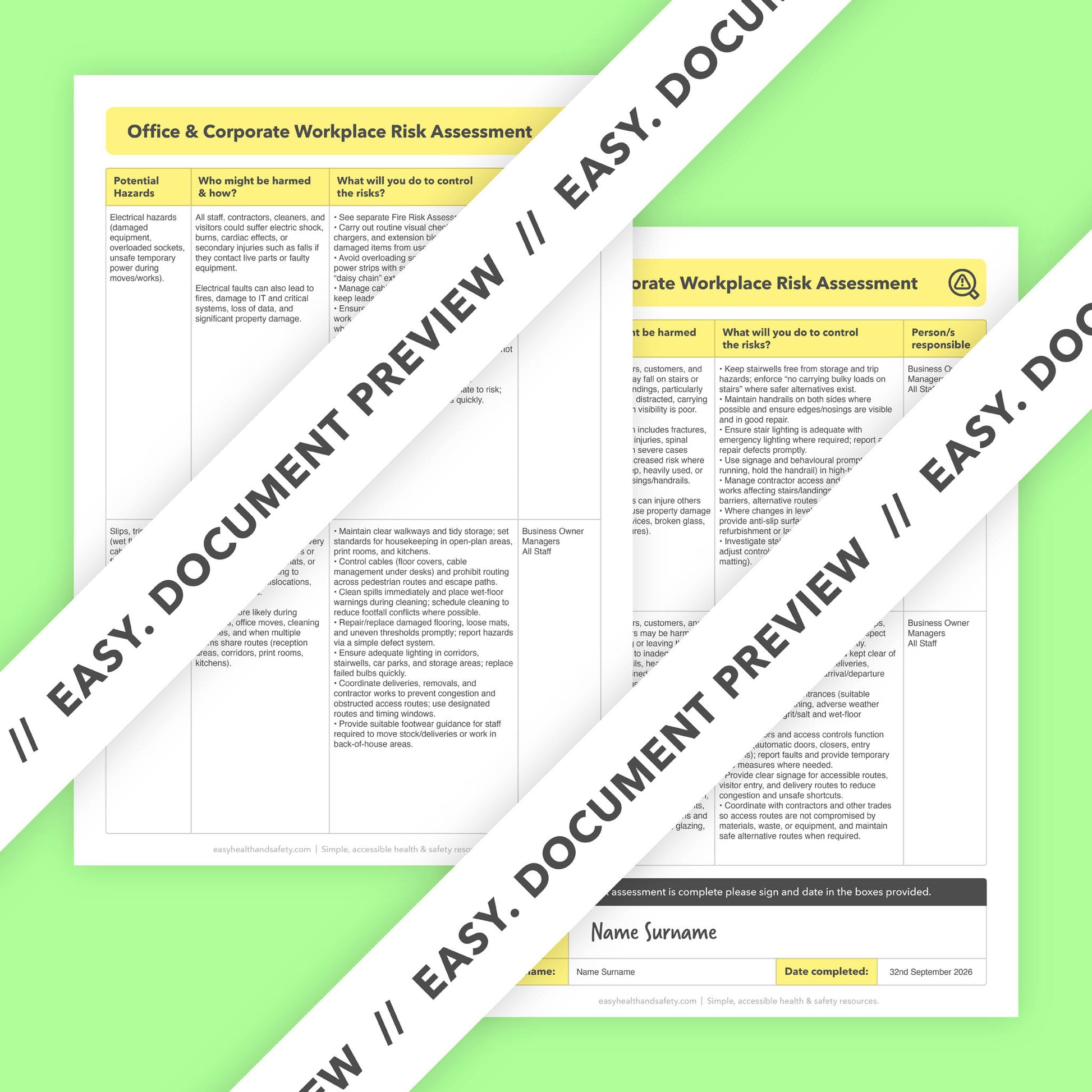 Editable, pre-filled risk assessment template for offices, corporate workplaces, and business premises – easy to use for quick health and safety compliance.