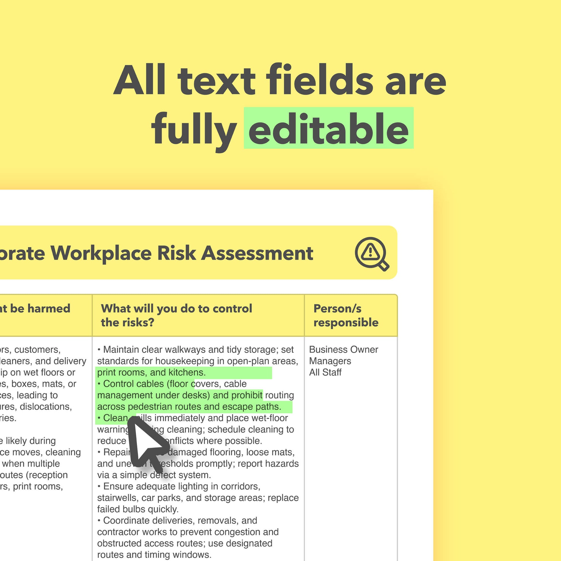 Editable, pre-filled risk assessment template for offices, corporate workplaces, and business premises – easy to use for quick health and safety compliance.