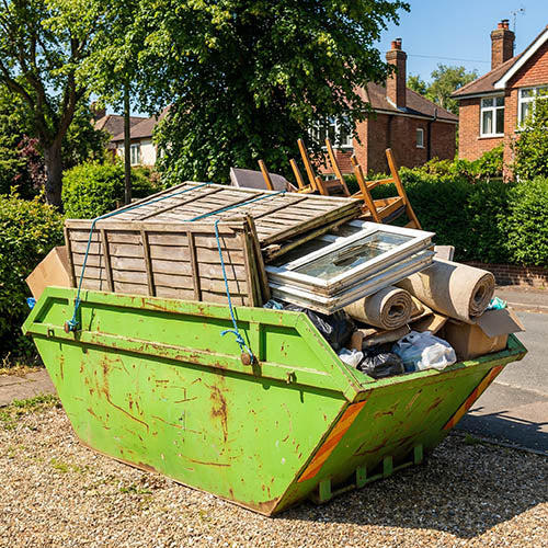 Overloaded skip on a residential driveway, showing skip hire collection hazards including overfilled skips, unstable loads and waste management safety risks.