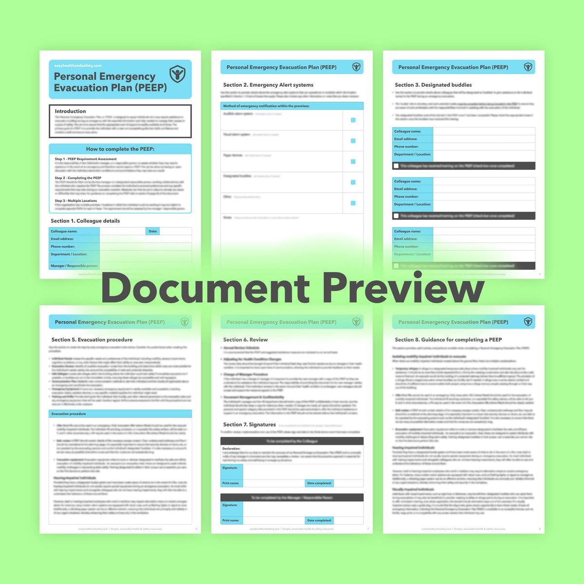 Document preview of the eight-page Personal Emergency Evacuation Plan (PEEP) template, including alert systems, designated buddies, evacuation procedures and guidance.