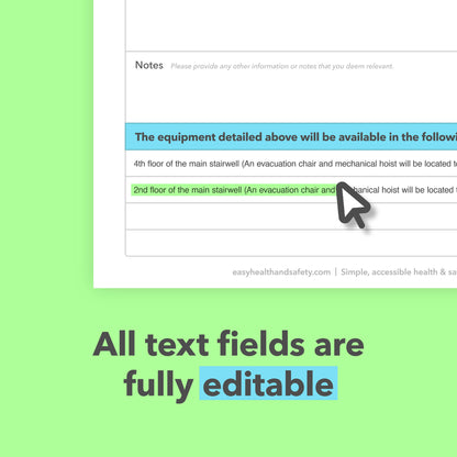 Editable PEEP template showing digital text fields for recording evacuation equipment, locations and other individual emergency arrangements.